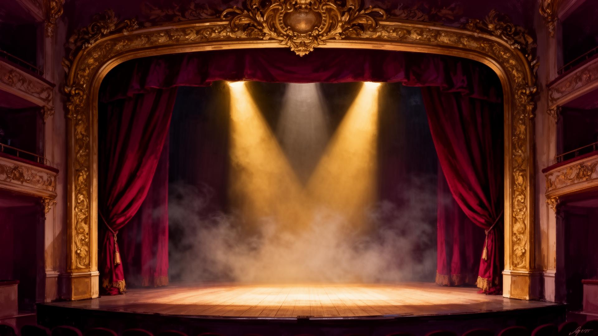 Palcoscenico teatrale con sipario rosso e luci dorate
